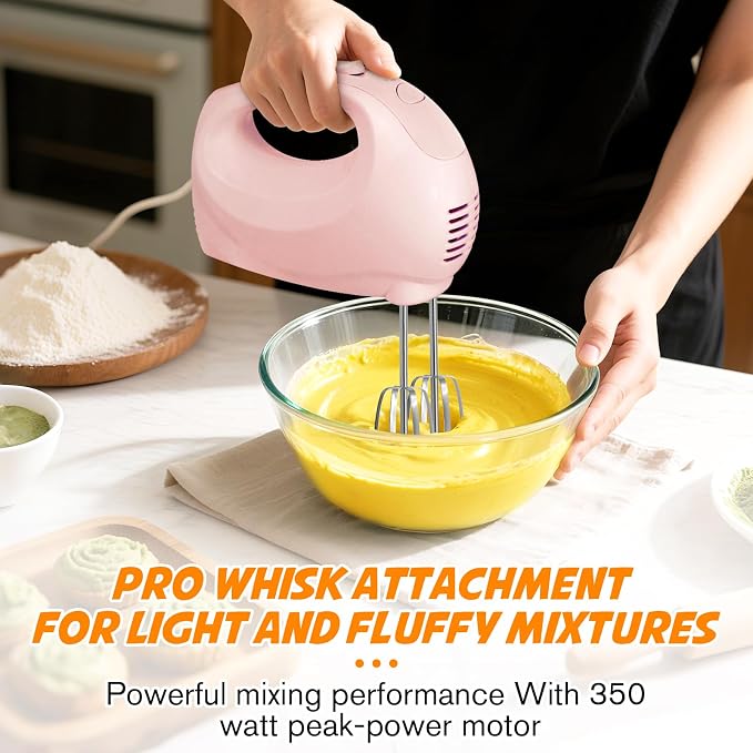 Showvigor Electric Hand Mixer with 5 Stainless Steel Whisks,5 Speed,Pink | Portable Kitchen Mixer Electric Whisk, Food Beater for Whipping Mixing Cookies