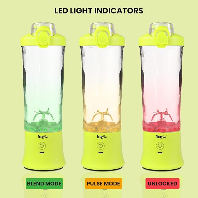 Total Chef Portable Blender - For Smoothies & Protein Shakes, USB Rechargeable Cordless Mini Travel Mixer, Personal Juicer, Ice Crusher, Blender Bottle for Home & Kitchen, 20oz, Neon Green