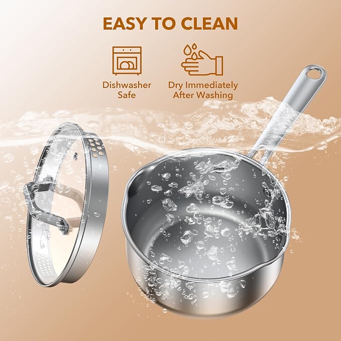 PekGema 3QT Saucepan w/Glass Strainer Lid, Tri-Ply Stainless Steel | Tri-Ply Stainless Steel;Dual Spouts&Strainer Holes;Measurement Marks;Dishwasher Safe;Oven Safe 500°F;All Stovetops