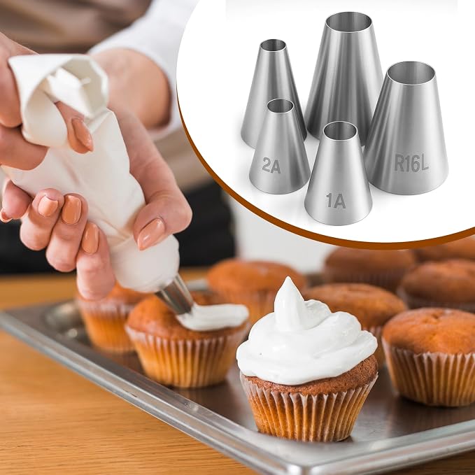 5PCS Large Piping Tips for Cake Decorating Round Hole Piping Tips Set Cupcake Frosting Nozzles Stainless Steel Professional Baking Decoration Tools for Cake Cookies Pastry Fondant Cream Bag Filler
