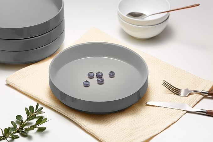 KooK Ceramic Large Pasta Bowls, Microwave and Dishwasher Safe, Great for Soups and Salads, Shallow Serving Bowls, Glossy Porcelain, 47 oz, Set of 4, Powder Grey