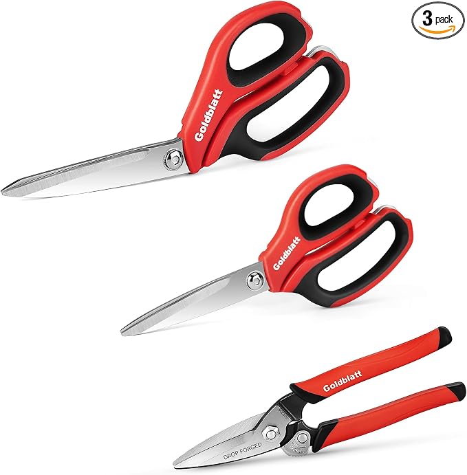 Goldblatt 3PCS Heavy Duty Scissors, Multipurpose Shop Scissors | Drop Forged Blades with Small Serrations, Comfortable Handle for Easy Cutting Cardboard, Wires, Leather, Fabric