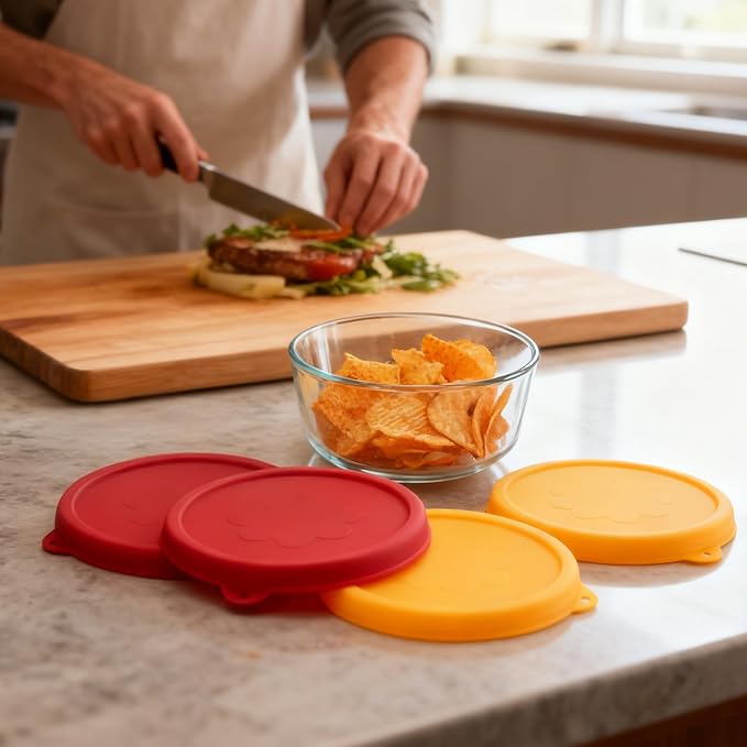 2 Cup Round Silicone Storage Cover Lids Replacement for Anchor Hocking and Pyrex 7200-PC Glass Bowls (Container not Included) (Red & Orange) 4 Pack