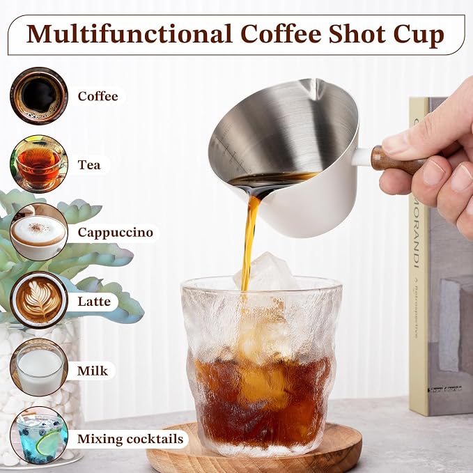 Amrules 6.8oz Espresso Measuring Cup with Wood Handle & Double Spout, White | 18/8 Stainless Steel & Wood Handle, V-Shaped Spout for Precision Pouring, Clear Scale Markings, for Coffee, Milk, Tea & Syrup