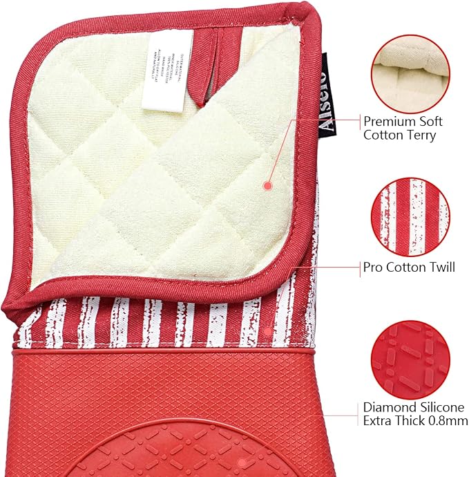 Alselo Silicone Oven Mitts Heat Resistant 932℉ with Waterproof & Non-Slip | Kitchen Mittens Set of 2,Extra Long 7.5"x15" Oven Gloves with Soft Cotton Terry Lining for Baking Cooking BBQ(Red,2)