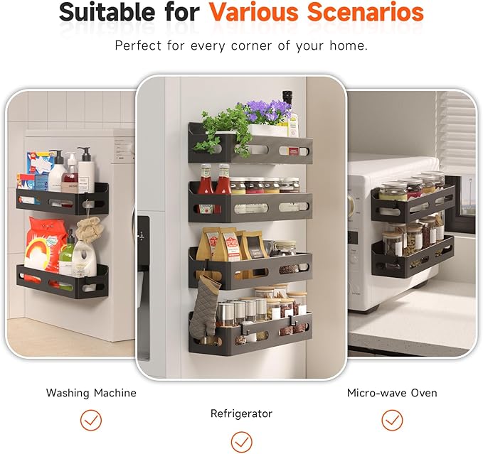 2-Pack Magnetic Spice Rack for Refrigerator with Hooks, Black | Strong multipurpose magnetic shelf for kitchen & bathroom organization. Includes 4 removable hooks for hanging items.