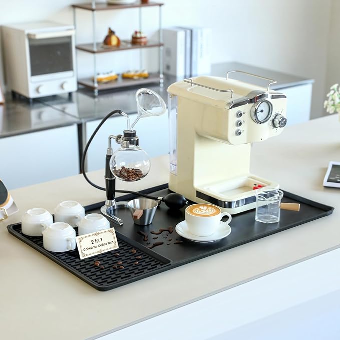 Caketime 2 In 1 Extra Large 16"x28" Silicone Coffee Bar Mat Accessories Heat Resistant for espresso Machine with Detachable Dish Drying Rug Rack Stone Kitchen Office Home Cafetera Essentials Black