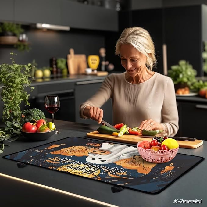 Happy Halloween Stove Top Dust Cover, Anti Scalding Flat Range Stove Top Protector, Elastic Dish Drying Mats for Kitchen, Induction Cooktop Cover with Two Hook 30 x 21 Inch