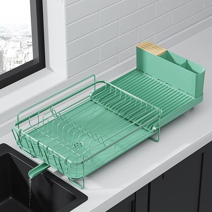 Kitsure Extendable Dish Drying Rack, 19.2"-26.7" L x 12.9" W, Green | Large Dish Rack, Multifunctional Dish Rack for Kitchen Counter, Anti-Rust Dish Drainers with Cutlery & Cup Holders
