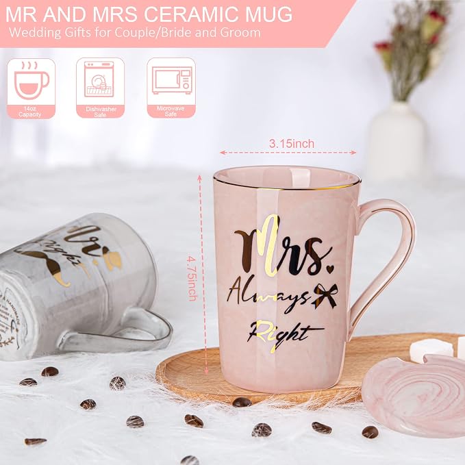 Wedding Gifts for Couples 2026, 14oz Ceramic Mr and Mrs Mug Gifts Set of 2 | Bridal Shower Engagement Anniversary Bride to be Gifts for His and Hers 2026 with Spoon Greeting Card, Luxury Gift Box