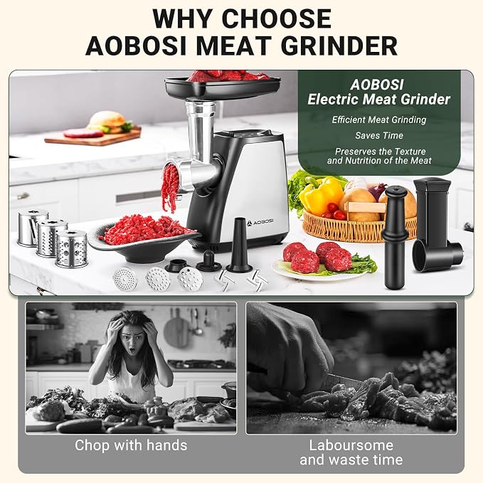 AAOBOSI Meat Grinder Electric, [2800W Max] Meat Grinder, Cheese Grater, Sausage Maker & Kibbe Kit for Home Use