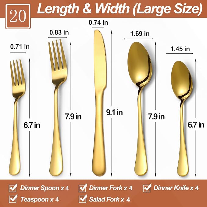 20 Pcs Gold Silverware Set for 4, Food Grade Stainless Steel Flatware Set, Eating Utensils Sets Include Fork/Knife/Spoon, Reusable Cutlery Set for Home Kitchen, Dishwasher Safe, Round Edge