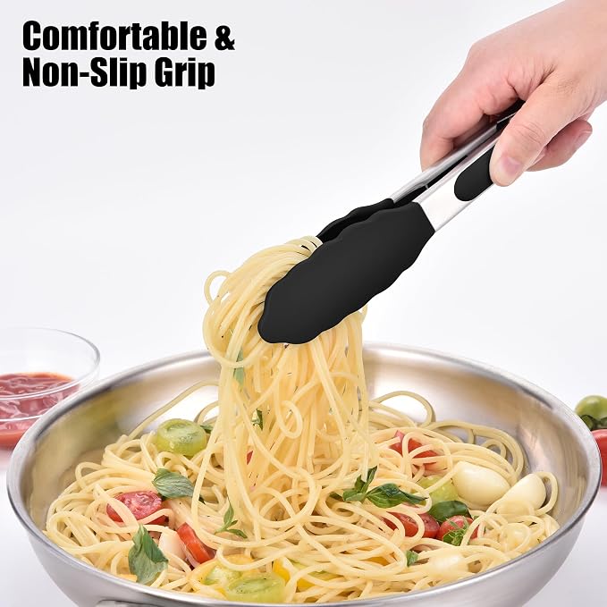 Doosu Kitchen Tongs with Silicone Tips for Cooking Serving (7in, Black) | 600°F Heat Resistant Food Tong, Heavy Duty Stainless Steel Locking Tong for BBQ, Grilling Steak, Salad, Toast, Pasta