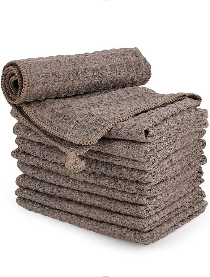 watchget 10 Pack Microfiber Espresso Barista Cleaning Towels, Light Brown | Professional 12"x12" Lint-free Rags;Waffle Weave;Highly Absorbent Cleaning Towels for Espresso Steam Wands&Coffee Counters