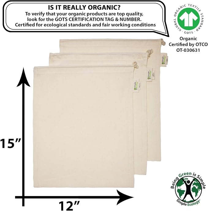 Reusable Grocery Produce Shopping and Storage Bags, Organic Cotton Muslin, Large 3 pack