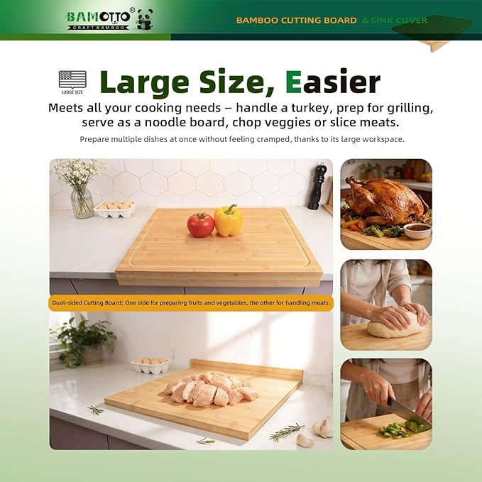 BAMOTTO CRAFTBAMBOO 21.7x18.9 in Oversized Bamboo Cutting Board Sink Cover | Non-Slip Detachable Lip | Reversible Juice Groove & Flat Side | Kitchen Noodle Board Stovetop Cover