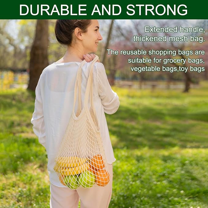 2-Pack Reusable Mesh Grocery Bags, 100% Cotton String, Long Handle Produce Bags, Fruit & Veggie Storage