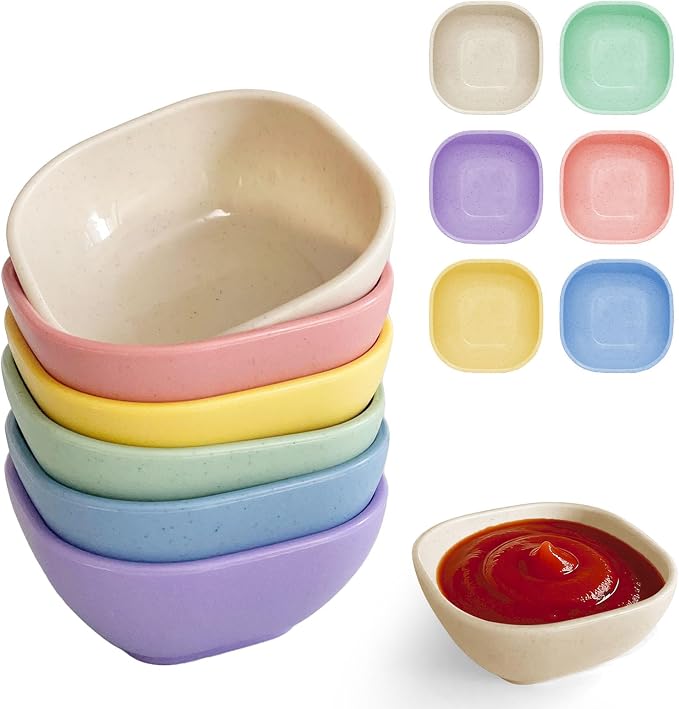 SHECIPIN 6 Pack Small Plastic Bowls 4.5 OZ Unbreakable Wheat Straw Dipping Bowls，plastic ramekins, Assorted Colors Dipping Sauce Cups, dip cups， Dessert, Ketchup