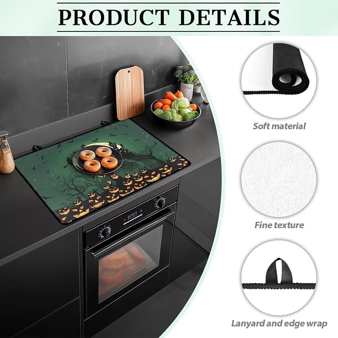 Halloween Castle Stove Top Cover for Electric Stove(30 x21 Inches), Insulation Counter Tops Cover, Heat Resistant Glass Cooktop Protector, Folding Dish Drying Mats for Kitchen