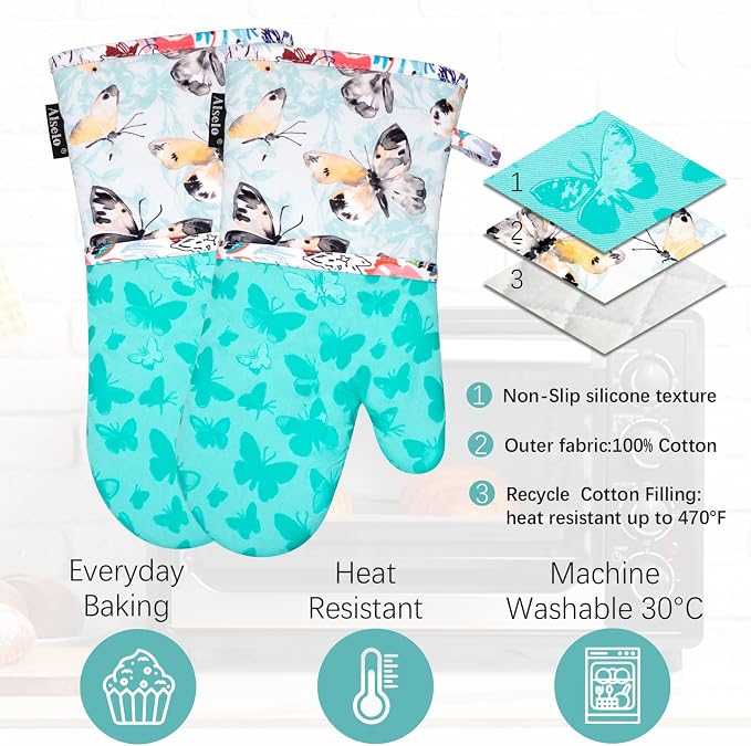 Alselo Oven Mitts 1 Pair, Silicone Printed Kitchen Mittens,7"x13.5" | Heat Resistant & Non-Slip Oven Glove, Fashion Animal Design with Soft Quilted Cotton Lining for Baking Cooking (Turquoise,2)