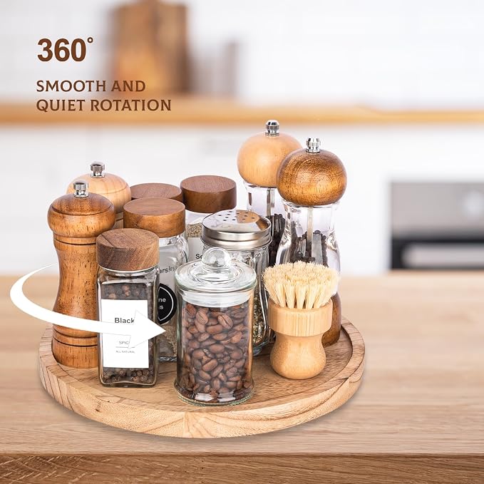 Wood Lazy Susan Turntable Kitchen Decor Round Table Tray, 11" Brown | Waterpoof, Easy clean, Non-slip, Rotating Wooden Decorative Pantry Table Tray for Seasoning, spice, snack