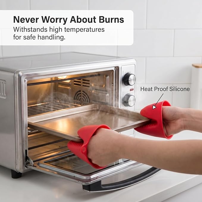 Silicone Cooking Pinch Grips Oven Mitts - Mini Finger Protector Pot Holder for Kitchen,Cooking,Baking,BBQ - Heat Resistant Gloves, 2 Pairs (Black and Red)