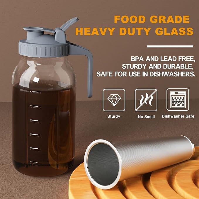 Cold Brew Coffee Maker, 32 oz Glass Mason Jar Pitcher | 100μm stainless steel filter, wide mouth design, leak-proof lid with handle, pour spout for iced coffee, tea and cold drinks