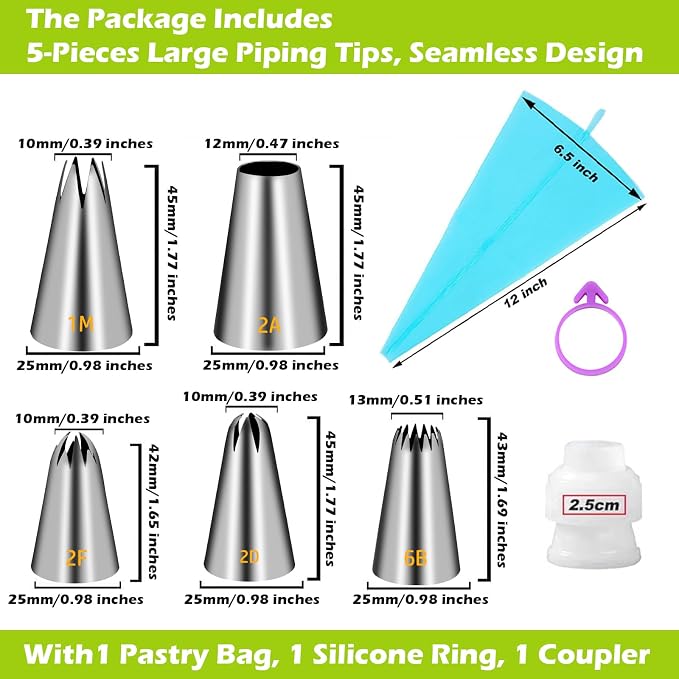 Suuker Large Piping Tips Set, Seamless Cake Decorating Tips | Stainless Steel Icing Tips, Pastry Tips & Piping Bags, Frosting Icing Tips, 1M 2D 2F 6B 2A