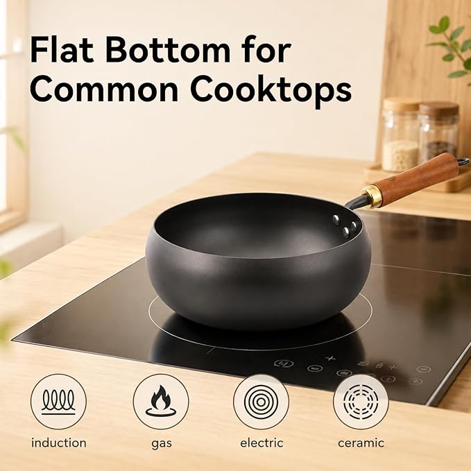 WANGYUANJI 9.5-Inch Carbon Steel Wok with Lid, Flat Bottom Stir Fry Pan | Deep 3.5 QT bowl for 1–2 servings; smooth carbon steel surface; flat base for induction, gas, electric and ceramic cooktops