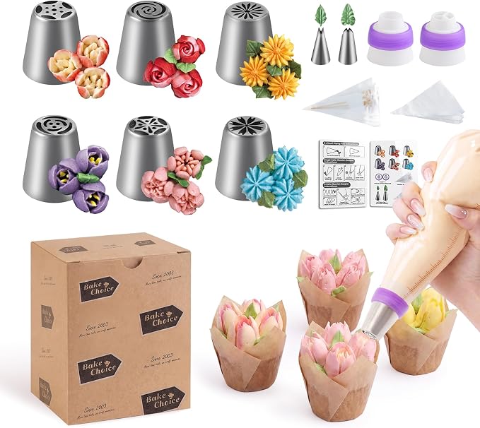 Bake Choice 46 Pcs Russian Piping Tips Set, Stainless Steel | Piping Bags and Tips Set, 6 Russian Piping Tip, 2 Leaf Piping Tip, 2 Couplers, 36 Piping Bags for Cupcake, Cookie, Baking