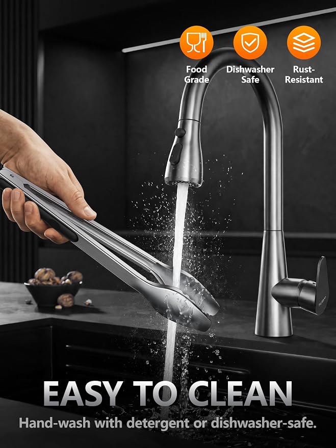 Kitchen Tongs with Teeth for Strong Gripping, 9 and 12-Inch, Black | 5-Layer Heavy Duty Stainless Steel, Good Gripping Teeth Prevent Loss of Food Into The Pot, Pull Lock, Dishwasher Safe, 1500 ℉