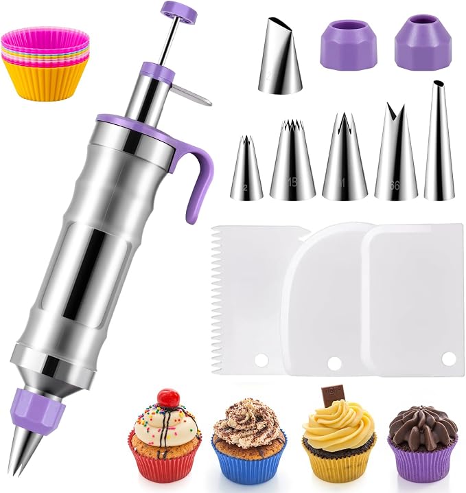 Dessert Decorating Syringe Set, Stainless Steel Frosting & Icing Piping Kit with 6 Tips and 9 Silicone Cupcakes,3 Cream Scraper for Cake Decorating Tools Cupcake Decorating Kit (Purple)
