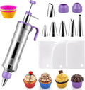 Dessert Decorating Syringe Set, Stainless Steel Frosting & Icing Piping Kit with 6 Tips and 9 Silicone Cupcakes,3 Cream Scraper for Cake Decorating Tools Cupcake Decorating Kit (Purple)