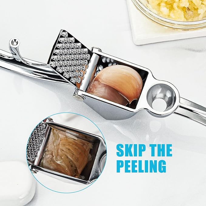Garlic Press, Premium Metal Garlic Crusher Tool, Heavy Duty Garlic Mincer with Ergonomic Handle, Rust Proof & Dishwasher Safe, Easy to Squeeze and Clean -Silver