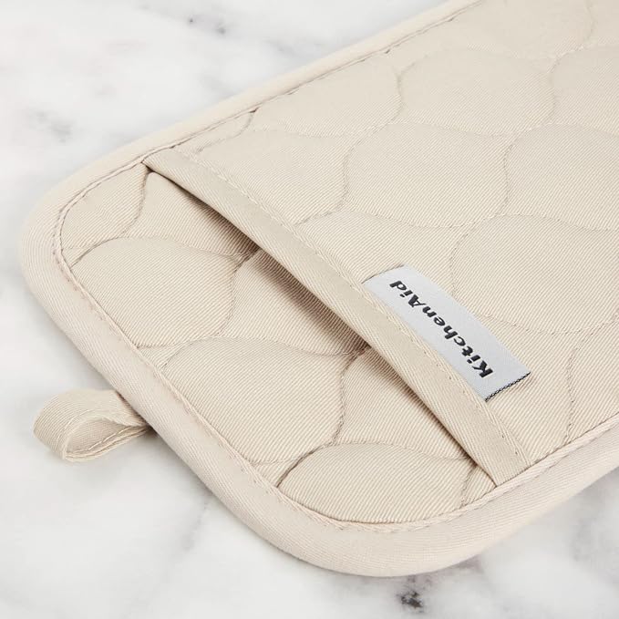 KITCHENAID Quilted Cotton Terry Cloth Oven Mitt, Pot Holder, Kitchen Towel 4-Pack Set, Heat Resistant, Silicone Grip, 16"x26", 7"x13" & 7"x10", Milkshake Tan