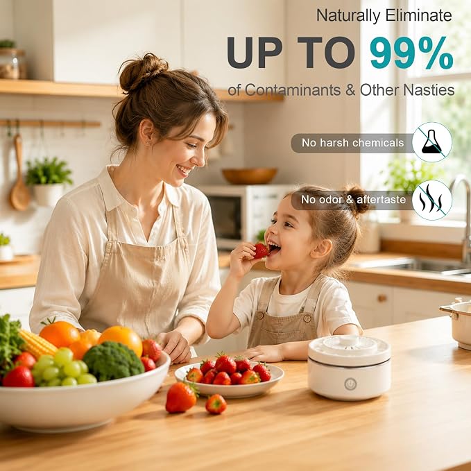 Fruit and Vegetable Wash Machine, AZ GOGO Produce Cleaner Device, 2026 New Ti Electrolysis Wireless Automatic Fruit and Vegetable Washer Portable Food Purifier (Beige)