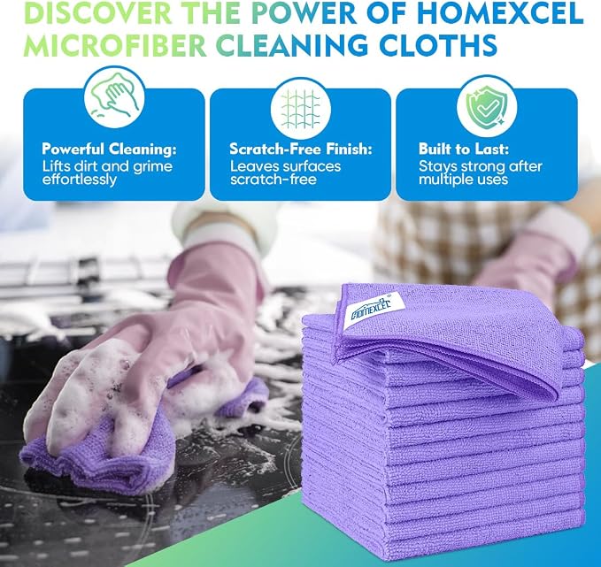 HOMEXCEL Purple Microfiber Cleaning Cloth 12 Pack 12.5 x 12.5 Inch Microfiber Towels for Cars Ultra Absorbent Cleaning Rags Lint Free Cleaning Towels for Household Kitchen, Window Car