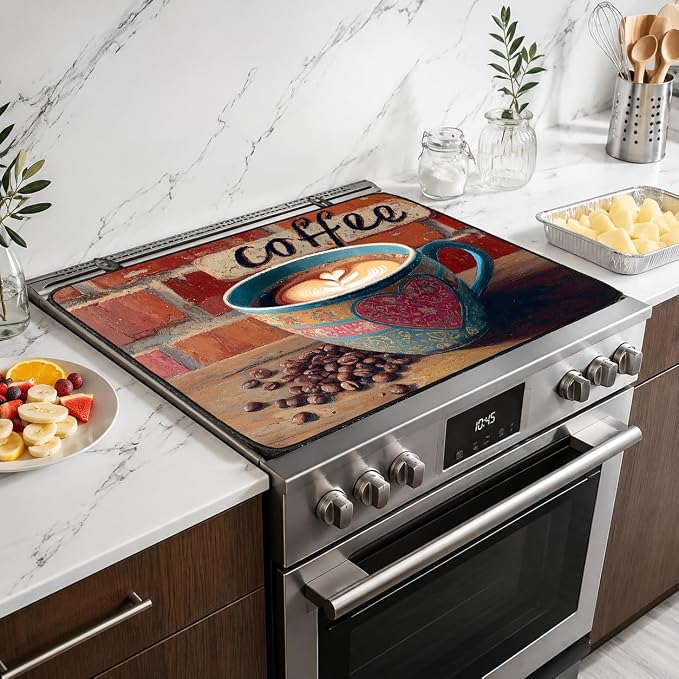 Electric Stove Top Cover for Glass Top, Coffee Cup Brick Cafe – Heat Resistant Flat Stove Top Covers, Decorative Scratch Protector Mat for Glass Ceramic Cooktop, Non-Slip, 28"x20"