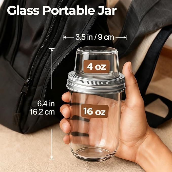 ComSaf Overnight Oats Containers with Lids, 16 oz Glass Mason Jars, 2 Pack | Dual-Layer Design, Yogurt Parfaits, Chia Pudding, Cereal, Fruit and Nuts, Reusable Breakfast Prep