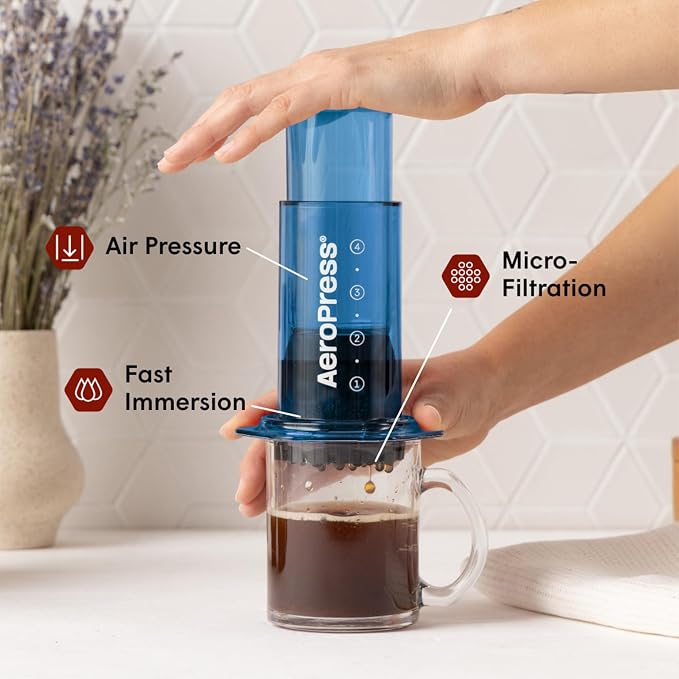 AeroPress Clear Blue Coffee Press, French Press, Pour-Over & Espresso Style | All-in-One Manual Coffee Maker, 2-Minute Brew, Less Bitterness, More Flavor, Portable, Travel & Camping