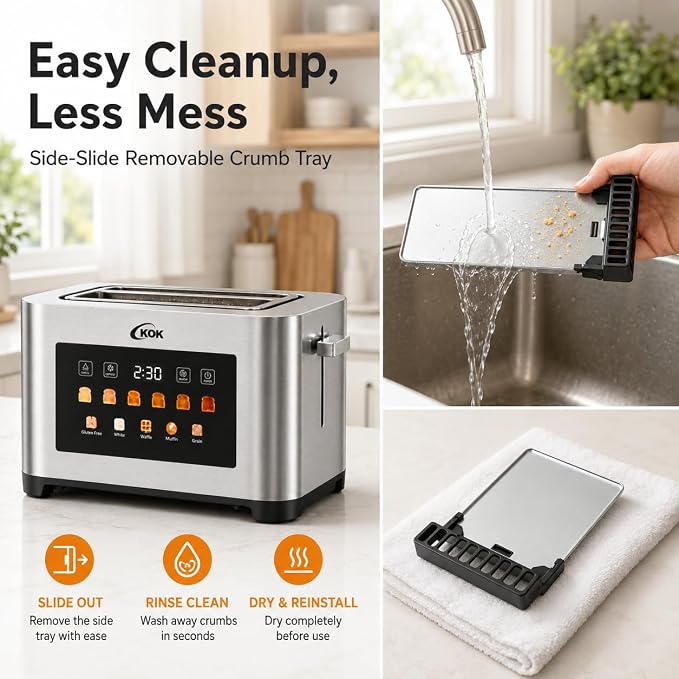 KOK 2 Slice Touch Screen Toaster, Stainless Steel Smart Toaster with 1.6” Extra Wide Slots, 6 Browning Levels & 5 Bread Presets, Digital Timer Defrost Reheat Cancel, Removable Crumb Tray for Kitchen