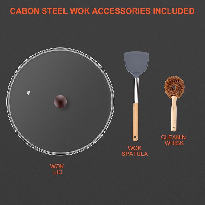 Wok, 13" Carbon Steel Woks & Stir-Fry Pans Nonstick with Glass Lid | Pre-Seasoned Flat Bottom Chinese Wok for Electric, Induction, Gas, All Stoves