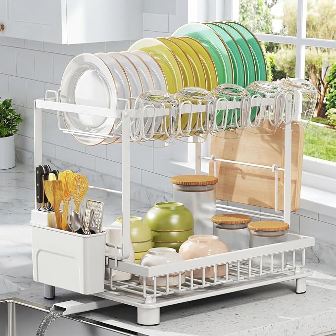 2-Tier Dish Drying Rack for Kitchen Counter, Space-Saving, White | Rustproof Carbon Steel, Auto Drain Spout, Space-Saving Dish Rack with Drainboard, Utensil & Cup Holders, Countertop Organizer