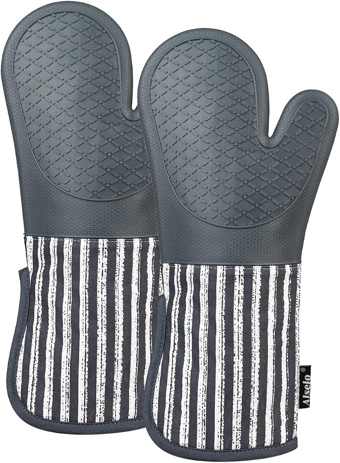 Alselo Silicone Oven Mitts Heat Resistant 932℉ with Waterproof & Non-Slip | Kitchen Mittens Set of 2,Extra Long 7.5"x15" Oven Gloves with Soft Cotton Terry Lining for Baking Cooking BBQ(Grey,2)