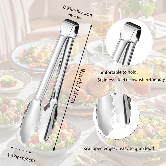 6pcs Stainless Steel Serving Tongs Gold or Silver Plated 9inch Heavy Duty Durable BBQ Clamps Design for Weddings Parties Banquets Buffets Family Gatherings Kitchen Cooking Serving Clip
