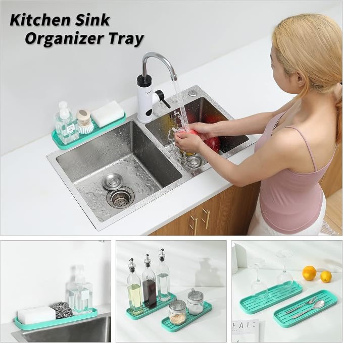 MicoYang Silicone Kitchen Sink Organizer Tray for Multiple Usage,Eco-Friendly Sponges Holder for Kitchen Bathroom Counter or Sink,Dish Soap Dispenser,Scrubber,Bottle,Cup (Mint, 12"×4")