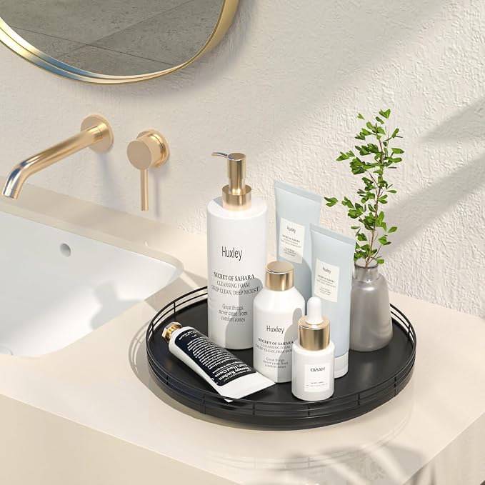 Oroyutor 12-Inch Oak Lazy Susan Vanity Tray, Black Finish | Rotating oak tray organizes spices, toiletries and decor on kitchen counters, bathroom vanities, dining and coffee tables.