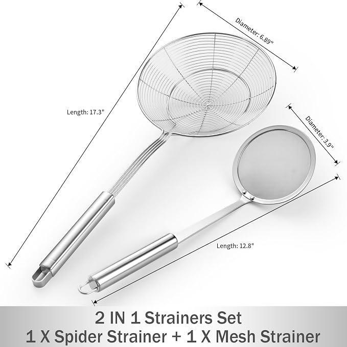 6.89 Large Metal Spider Strainer With Mesh Fatoff Mesh Slotted Spoon For Kitchen,Stainless Steel Cooking Oil Strainer For Deep Fry Basket