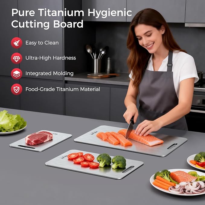 100% Pure Titanium Cutting Board Set of 3, Titanium Cutting Boards for Kitchen,Double-Sided Chopping Boards for Raw & Cooked Food, Non-Toxic, Handles Included, Dishwasher Safe(M+L+XL)