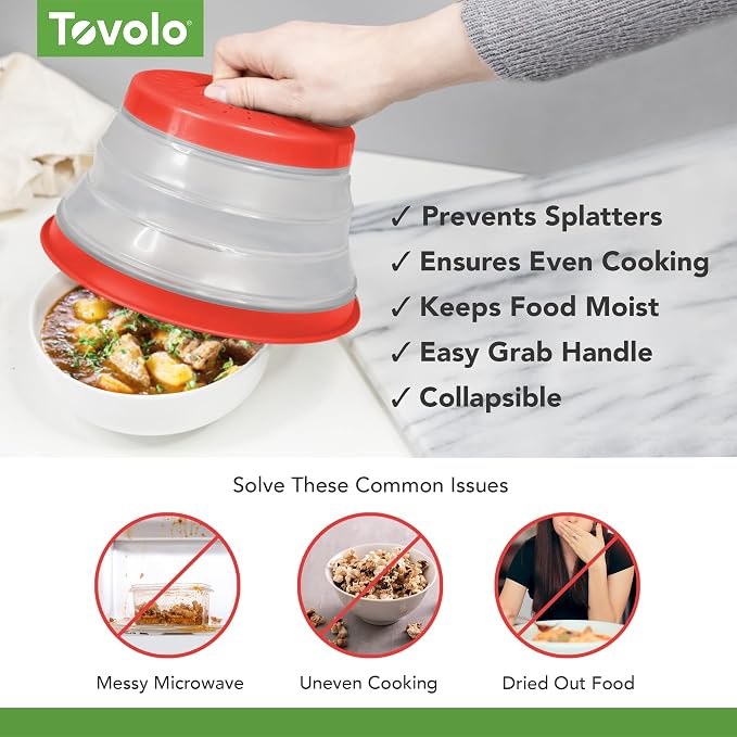 Tovolo Microwave Splatter Cover for Food(Candy Apple Red) Collapsible & VentedSilicone Splatter GuardLid,Microwave Plate & Dish Cover with Handle,BPA-FreeKitchen Gadget for Meal Prep, (Pack of 9)